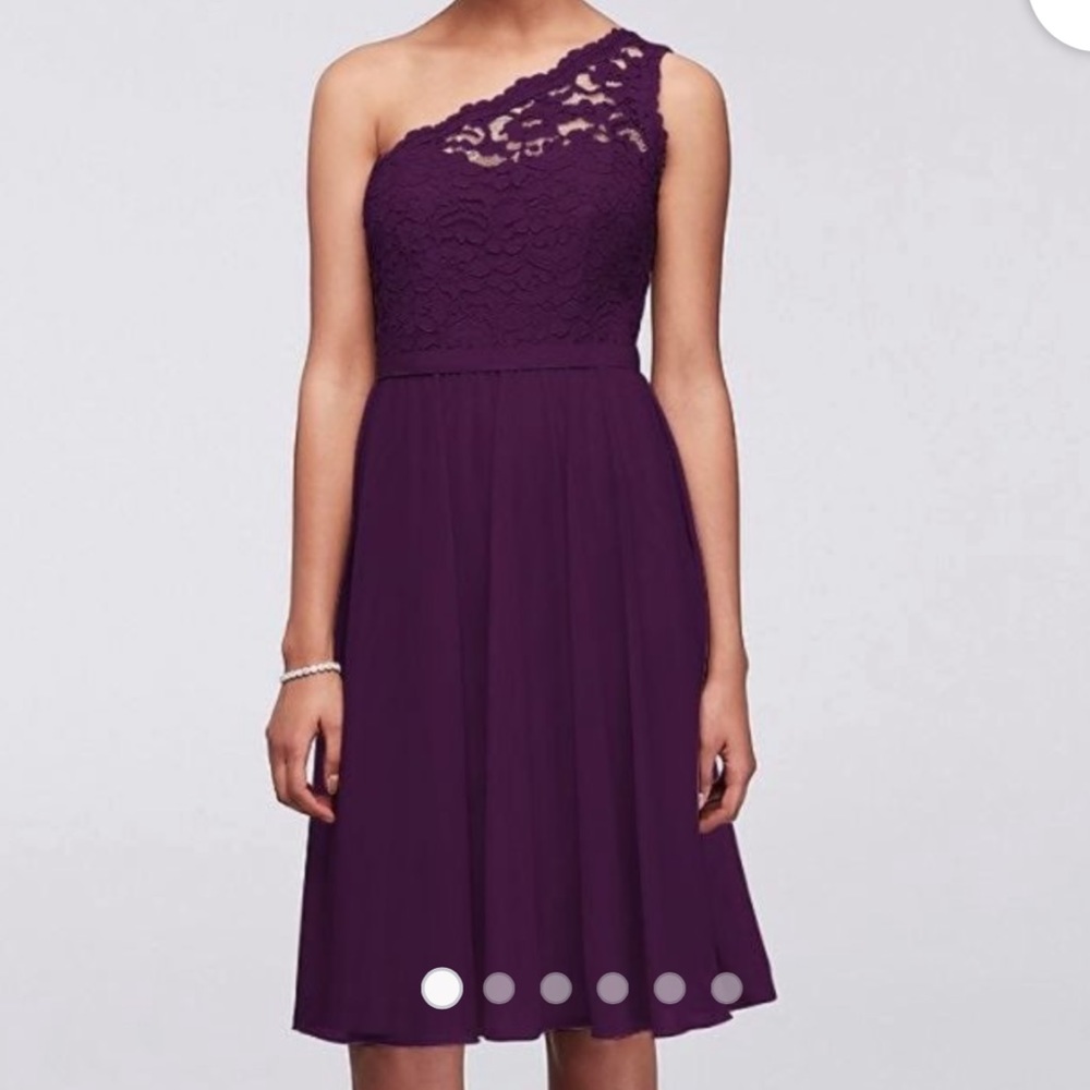 David’s Bridal One Shoulder  Plum Lace Mini Dress. Size 10.